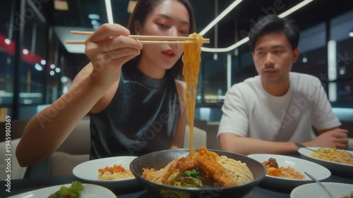 Wallpaper Mural Asian woman eating noodles with chopsticks at restaurant table with man Torontodigital.ca