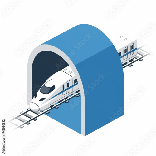 Isometric bullet train emerging from tunnel.