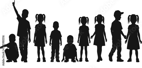 Children silhouettes, kids standing, toddlers sitting, group of children, childhood activity, playful kids, family concept, teamwork, education theme, friendship illustration