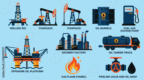 Petroleum Oil Industry Icons Set Solid Flat Vector Illustration