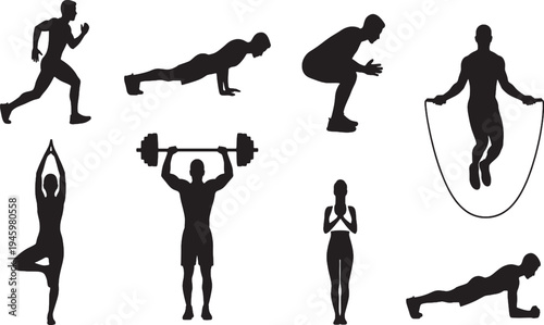 

Black vector illustration of a man exercising with dumbbells featuring a sports evolution of silhouettes including a runner in action and a person performing a jump