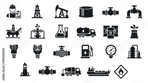 Petroleum Oil Industry Icons Set Solid Flat Vector Illustration