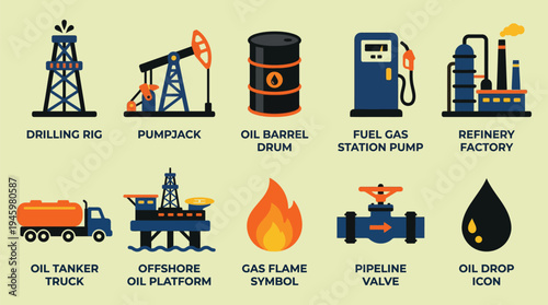 Petroleum Oil Industry Icons Set Solid Flat Vector Illustration