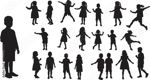 Children silhouettes, kids standing, walking, running, playing, childhood activity, black silhouettes, group of children, playful kids, motion, energy, lifestyle, fun, casual clothing,