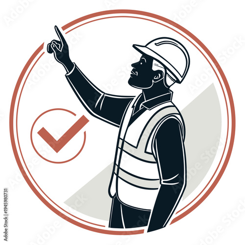 Construction worker pointing upwards with a checkmark