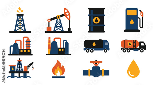 Petroleum Oil Industry Icons Set Solid Flat Vector Illustration