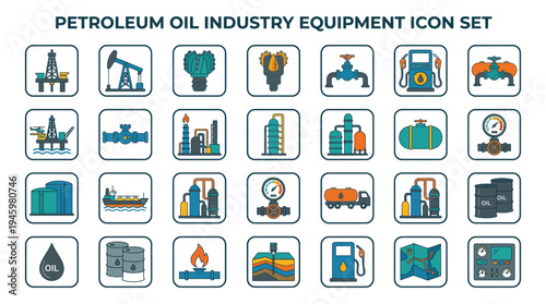 Petroleum Oil Industry Icons Set Solid Flat Vector Illustration