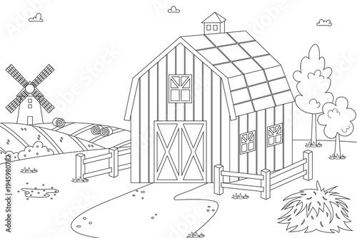 Farm landscape coloring page in doodle style. Outline illustration with barn, yard, fields, trees. Rural countryside scene for kids coloring books, agriculture themes, rural village, creative design.