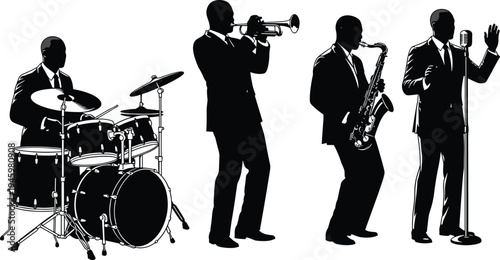 Four jazz musicians silhouettes playing drums, trumpet, saxophone, and singing with microphone, perfect vector illustration symbolizing jazz music performance energy