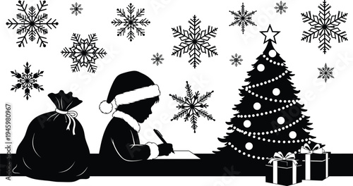 Christmas silhouette with boy writing letter to Santa Claus near tree with gift box and bag under falling winter snowflakes