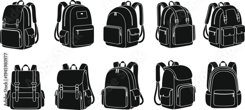 Collection of black backpack silhouettes featuring various styles of school bags rucksacks and travel packs isolated on white background,