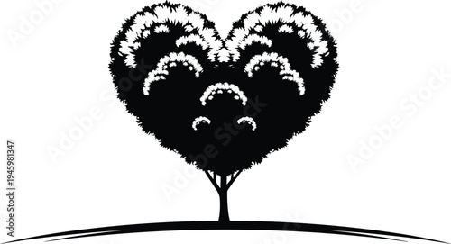 Stylized tree with heart shaped foliage silhouette on curved hill, perfect vector illustration symbolizing love, nature, romance, and environmental care