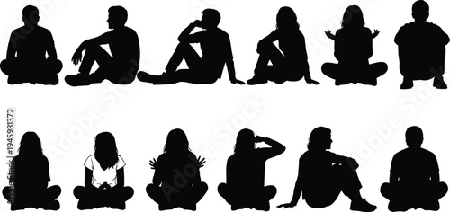 Collection of diverse people silhouettes sitting on floor, casual group poses, meditation, relaxing, men and women, isolated on white background,