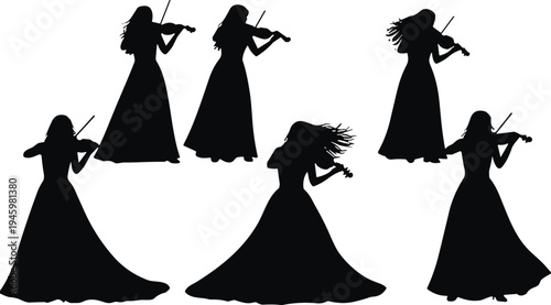 Collection of elegant female violinist silhouettes in long gowns, professional musician performance vector icons, classical music concert orchestra, black, isolated.