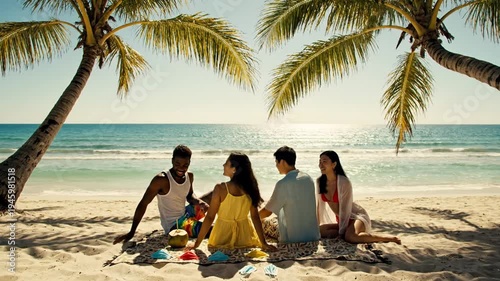 Wallpaper Mural Four Friends Having Beach Picnic Under Palm Trees by Ocean Torontodigital.ca