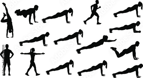 Collection of fitness silhouettes showing men and women performing workout exercises, including pushups, planks, running, and stretching for healthy lifestyle. (21 words)