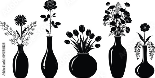 Collection of elegant flower silhouettes in various vases featuring roses, tulips, and daisies isolated on white background for decorative designs.