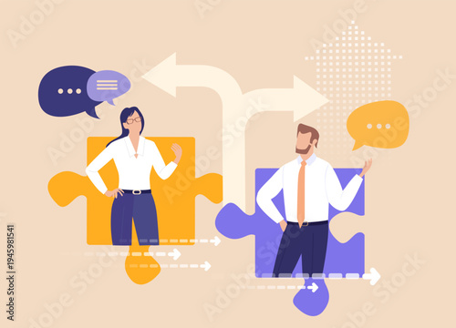 Business partners discussing near puzzle pieces, symbolizing problem solving, collaboration, strategic thinking, partnership, and finding solutions together in a corporate environment