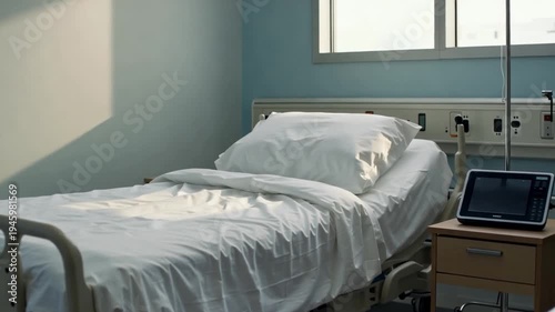 Wallpaper Mural Hospital room interior with empty hospital bed and tablet on nightstand near window Torontodigital.ca