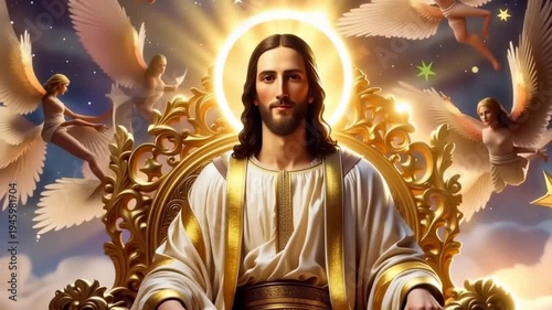 Wallpaper Mural Jesus Christ sitting on throne with halo and birds flying in cloudy sky background for religious or spiritual use Torontodigital.ca