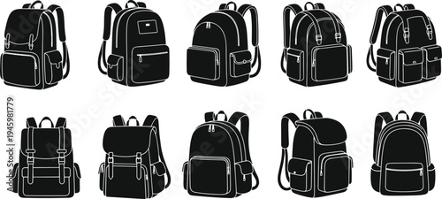 Collection of black backpack silhouettes featuring various styles of school bags rucksacks and travel packs isolated on white background,