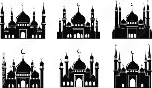 Collection of Islamic mosque silhouettes featuring traditional domes, minarets, and crescent moon symbols for Ramadan, Eid, and religious cultural design projects,