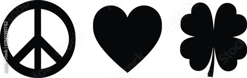 Peace symbol, heart shape, and four leaf clover silhouettes together representing harmony, love, and luck in vector illustration design