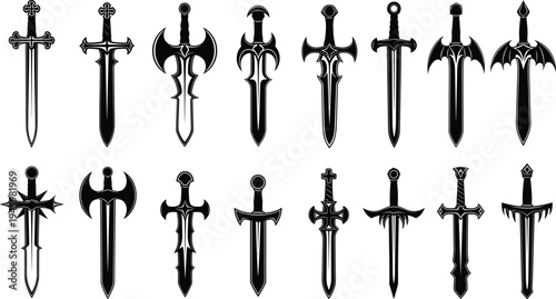 Collection of medieval and fantasy sword silhouettes featuring daggers, claymores, and battle blades isolated on white background for gaming and design.