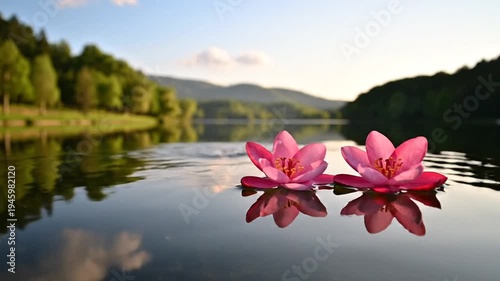 Wallpaper Mural Pink lotus flowers floating on serene lake water with ripples, surrounded by lush greenery and mountains in background, symbolizing peace Torontodigital.ca