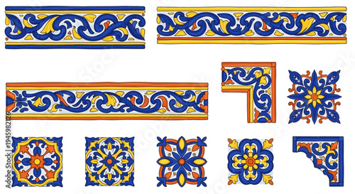 Spanish Colonial Talavera Borders and Mexican Ceramic Tile Vector Ornaments
