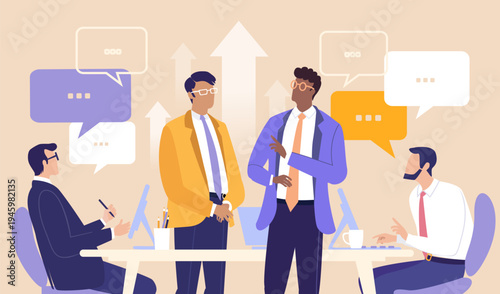 Business professionals gathered for a meeting, discussing strategy and sharing ideas, symbolizing teamwork, communication, corporate planning, leadership, and collaborative decision making