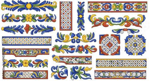 Spanish Colonial Talavera Borders and Mexican Ceramic Tile Vector Ornaments