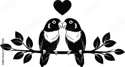 Romantic birds silhouette perched together on leafy branch with heart above, perfect vector illustration for love, affection, and Valentine themes