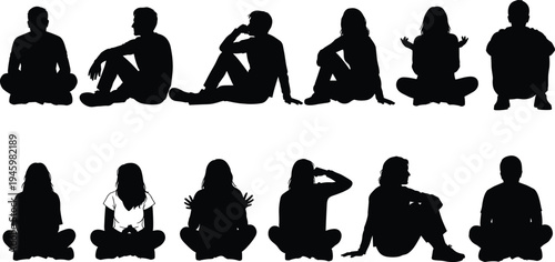 Collection of diverse people silhouettes sitting on floor, casual group poses, meditation, relaxing, men and women, isolated on white background,