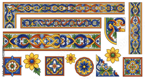 Spanish Colonial Talavera Borders and Mexican Ceramic Tile Vector Ornaments