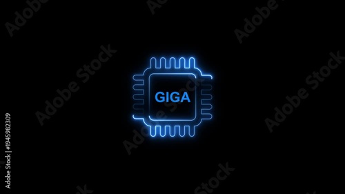 Neon blue microchip processor with g i g a text on black background giga computer hardware