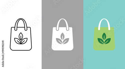 Reusable Bag with Leaf Logo on White, Gray, Green Backgrounds