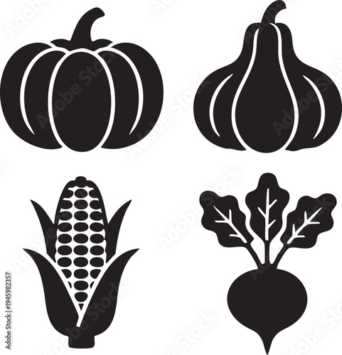 Black silhouette harvest vegetable set pumpkin squash corn beetroot, farm produce vector