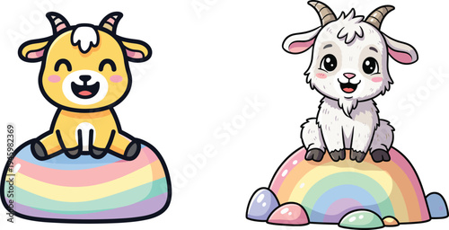Cartoon baby goats, rainbow rocks, colorful animal illustration, cute farm animals, joyful kids theme, whimsical nature art, fantasy livestock design