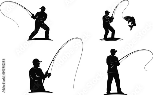Collection of fisherman silhouettes featuring men casting fishing rods and catching fish isolated on white background for outdoor hobby concepts.