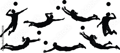 Collection of volleyball player silhouettes featuring athletes jumping, diving, and spiking the ball for competitive sports and athletic team concepts.Collection of volleyball player silhouettes 