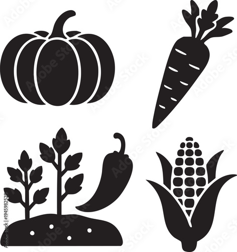 Black Silhouette Vegetable Icons- Pumpkin Carrot Chili Corn