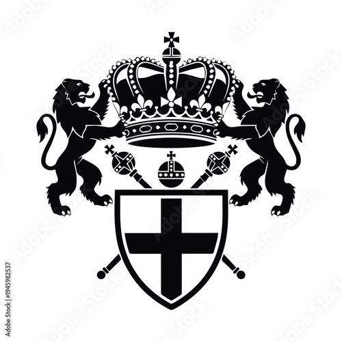 Royal coat of arms featuring lions and crowned shield with cross motif