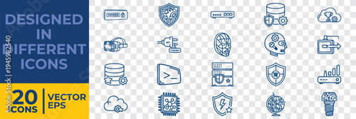 A collection of 20 flat vector icons related to security and technology, designed in EPS format.
