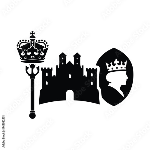 Historical emblem featuring a crown, castle, and royal portrait silhouette