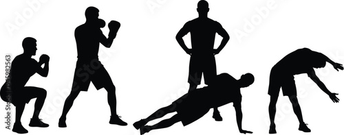 Collection of male athlete silhouettes featuring boxing, squatting, side planking, and stretching exercises for gym, fitness, and healthy lifestyle concepts.