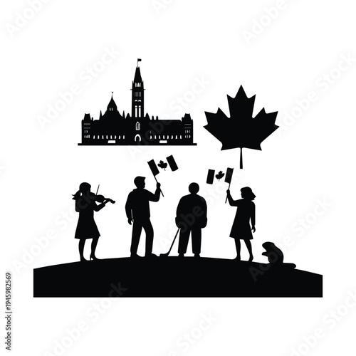 Silhouette ensemble performing in front of parliament with canadian flags