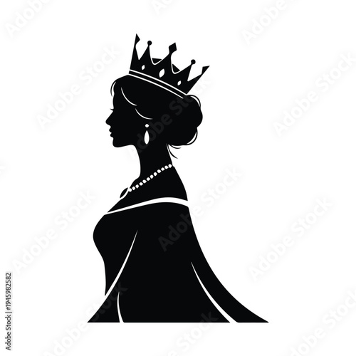 Elegant silhouette of a regal queen wearing a crown and pearl necklace