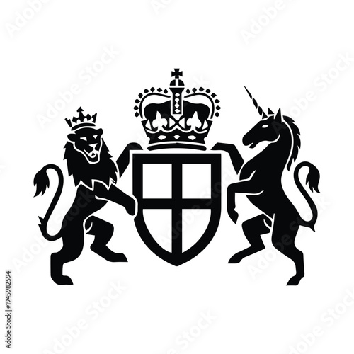 Heraldic crest featuring lion and unicorn supporting a shield with crown above