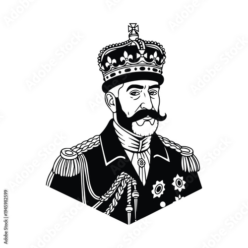 Historical portrait of a regal military figure wearing a crown and ceremonial uniform